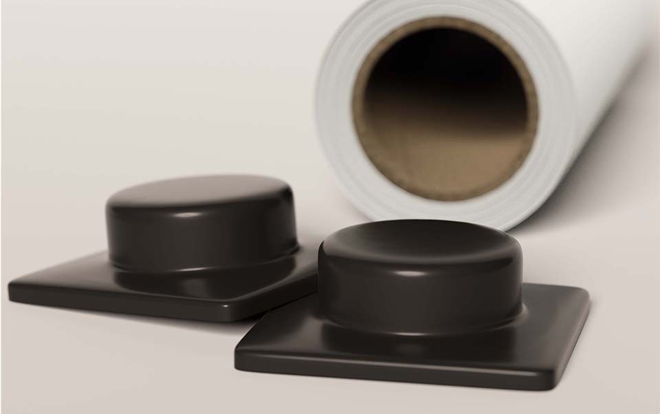 These are plastic end caps sealing each roll of Avery Dennison graphic materials. Traditionally, these end caps are discarded and would end up in landfills. Under the plastic end cap recycling program, these end caps would be diverted from landfills to create raw materials for new plastic-based products.